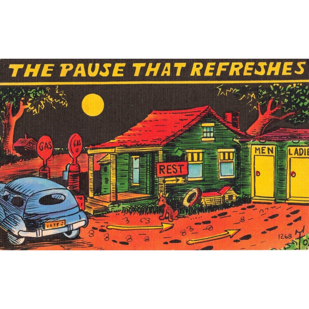 Vintage The Pause That Refreshes Gas Station Rest Stop Linen Postcard VG - Picture 1 of 2